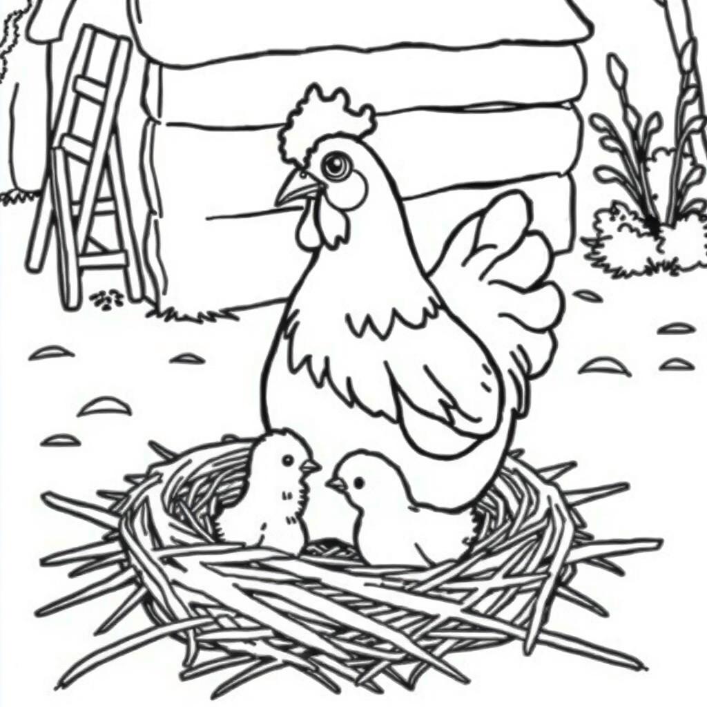 A hen sitting in a straw nest with two chicks around her