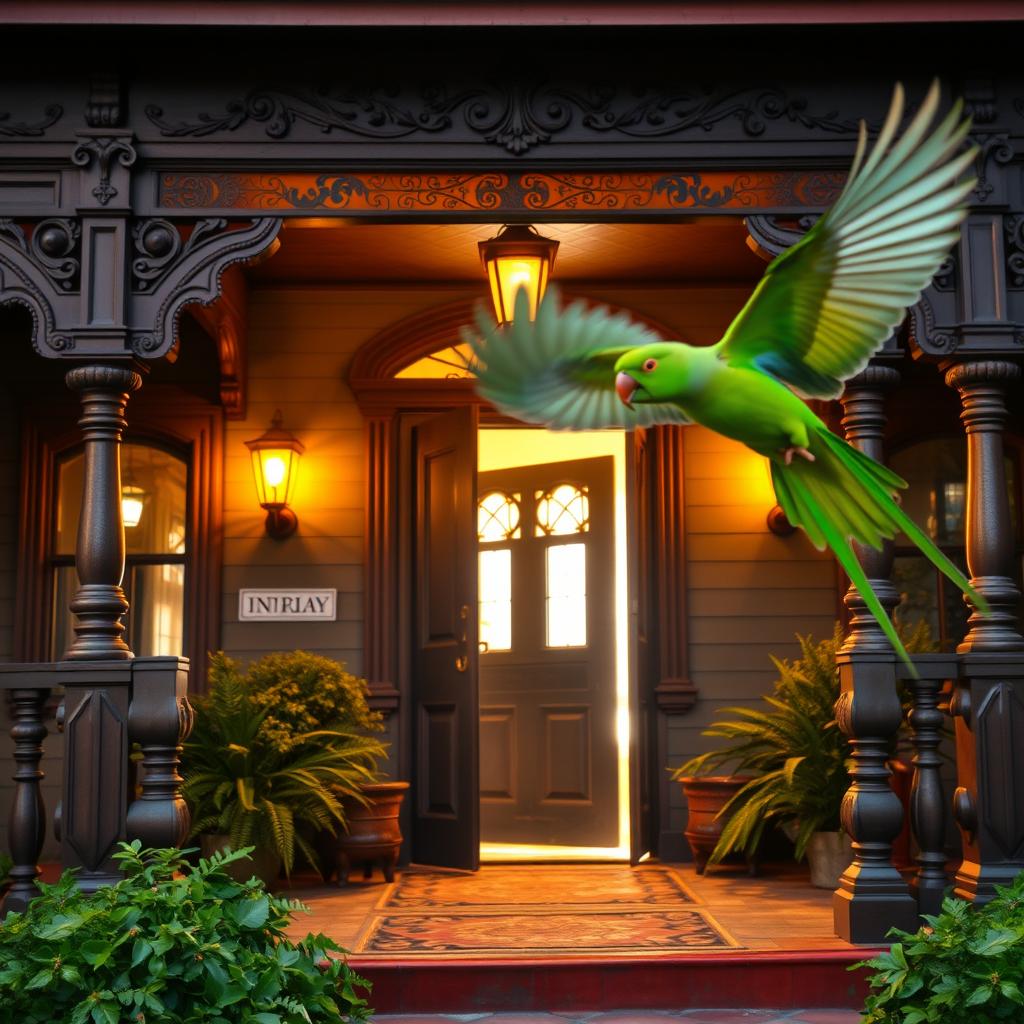 A Victorian inn porch, featuring ornate wooden details and decorative elements typical of the era