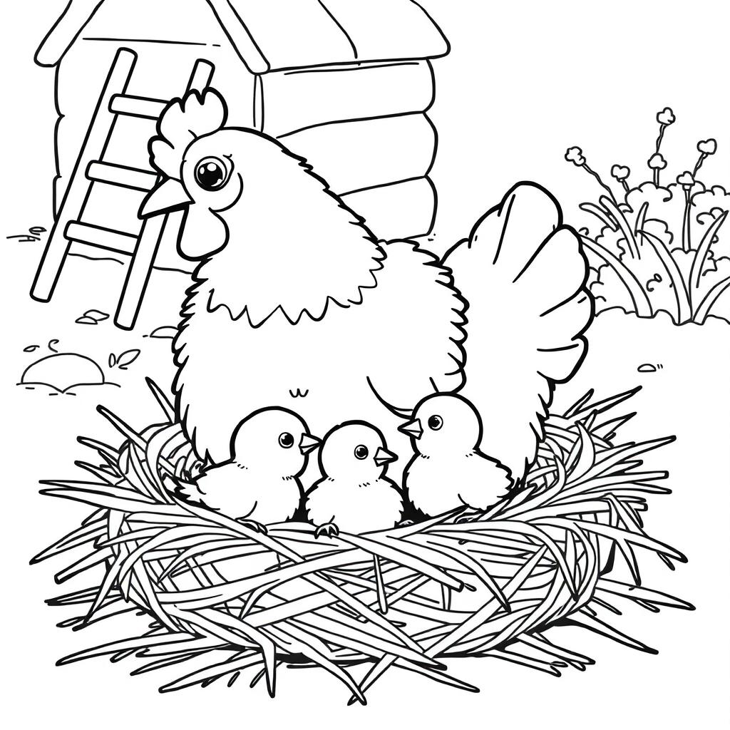 A fluffy hen sitting in a straw nest with two chicks around her