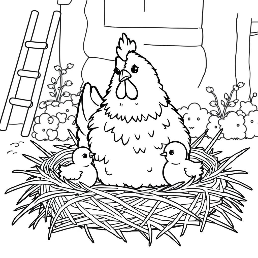 A fluffy hen sitting in a straw nest with two cute chicks around her