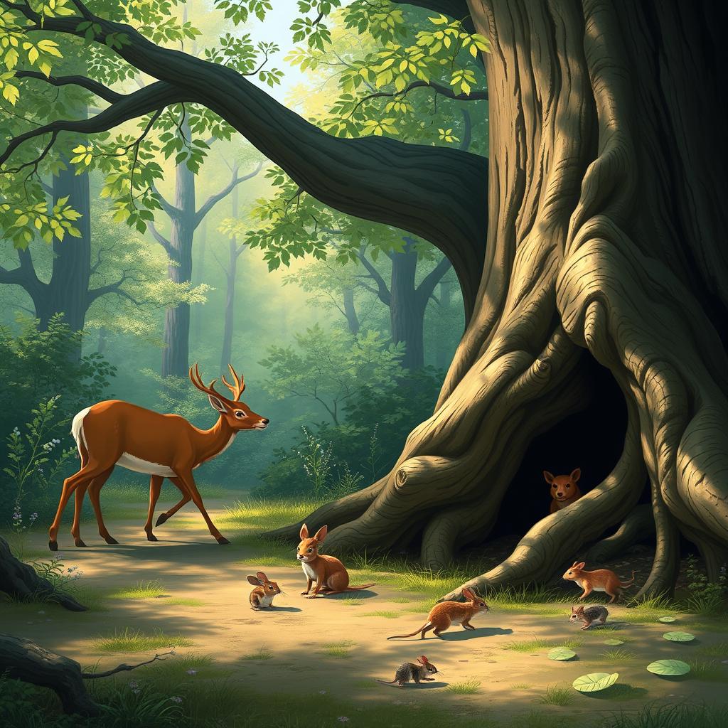 A serene forest scene where a deer gracefully advances through a lush, green woodland, followed closely by a curious rabbit that pauses just in front of a cute little bear cub