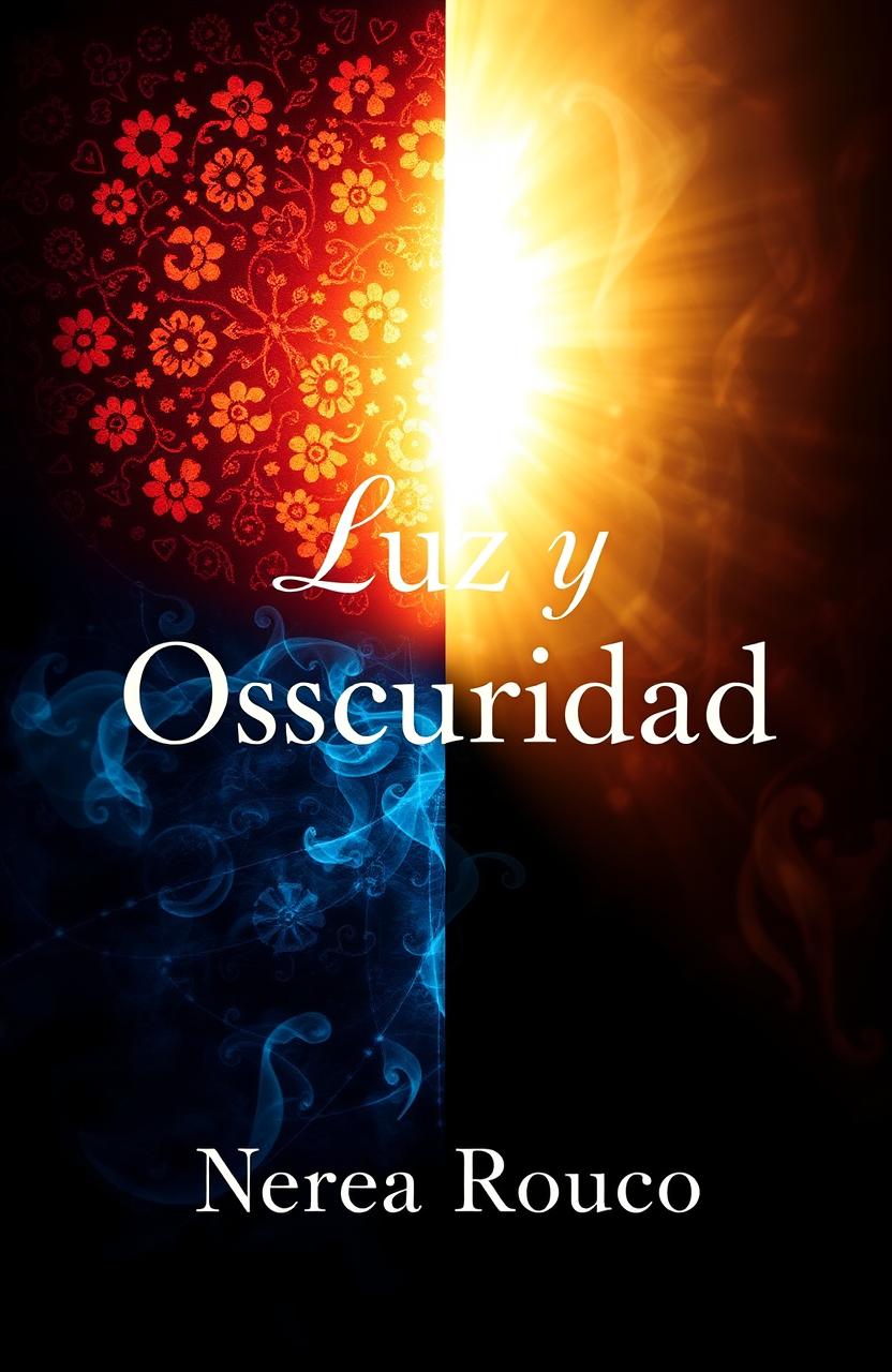 A book cover for 'Luz y Oscuridad' by Nerea Rouco, featuring a split design where one half is beautifully illuminated with warm, glowing light, showing vibrant colors and intricate patterns