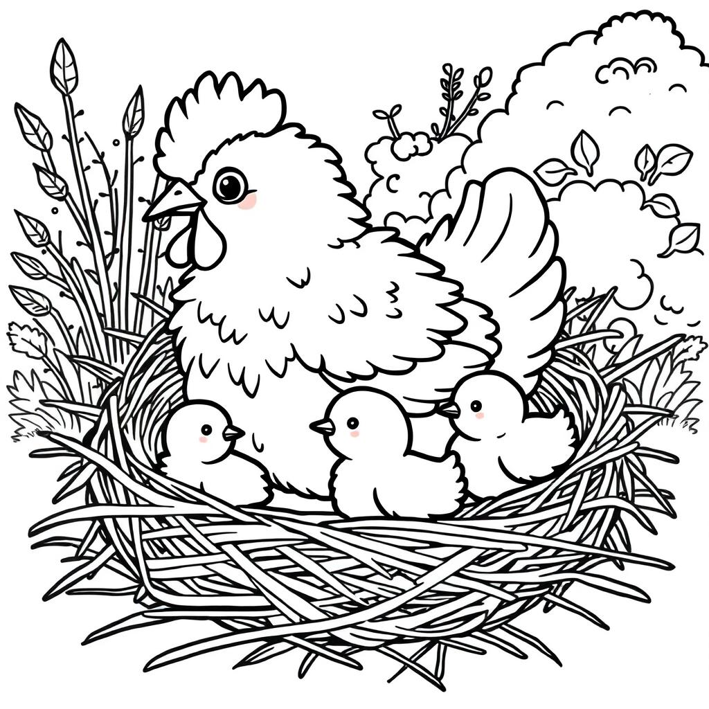 A fluffy hen sitting in a straw nest with two adorable chicks around her
