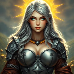 A busty, beautiful sun cleric of slender build, depicting a European girl with very large tender breasts