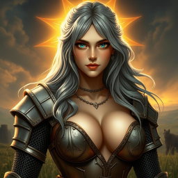 A busty, beautiful sun cleric of slender build, depicting a European girl with very large tender breasts