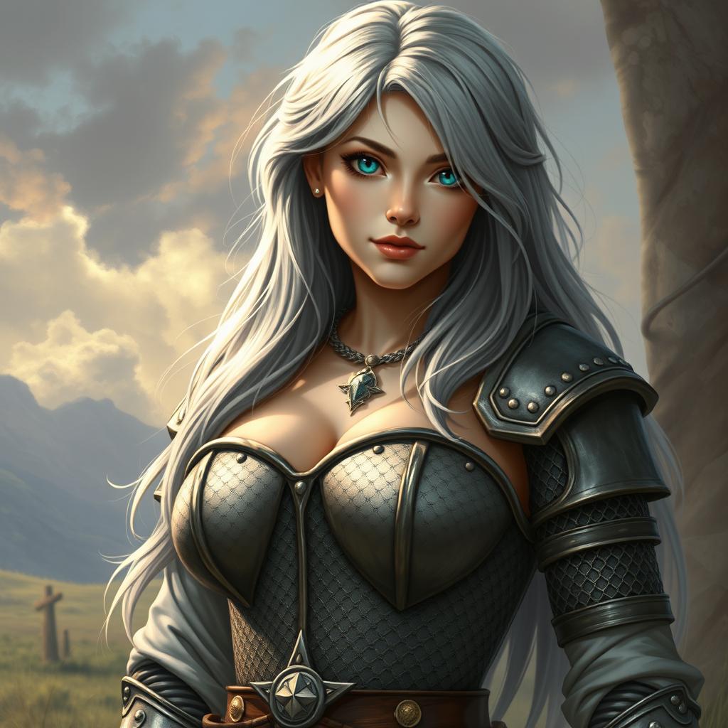 A busty, beautiful sun cleric of slender build, depicting a European girl with very large tender breasts
