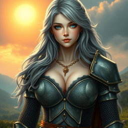 A busty, beautiful sun cleric of slender build, depicting a European girl with very large tender breasts