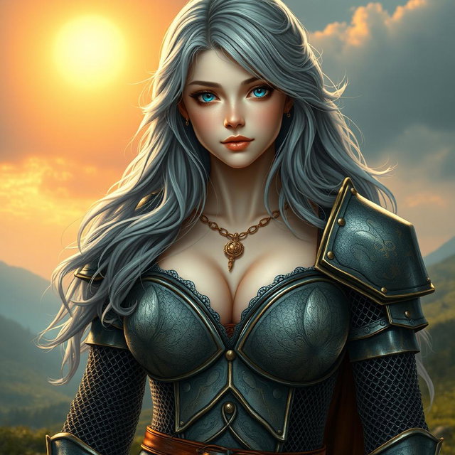 A busty, beautiful sun cleric of slender build, depicting a European girl with very large tender breasts