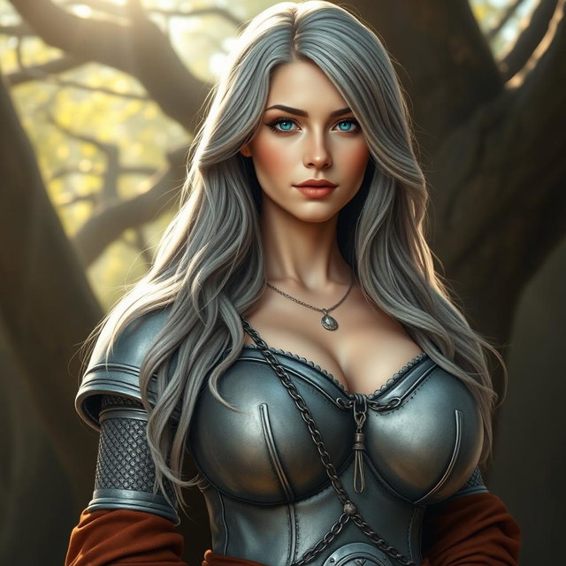 A busty, beautiful sun cleric depicted as a slender European girl with very large, tender breasts