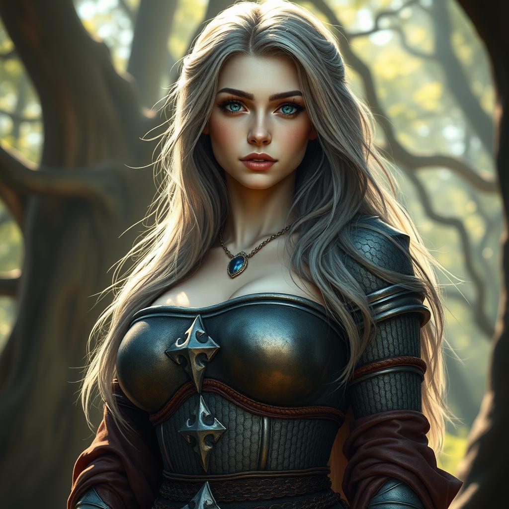 A busty, beautiful sun cleric depicted as a slender European girl with very large, tender breasts