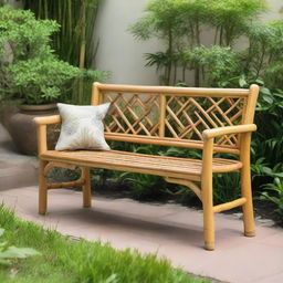 A sturdy, stylish bamboo bench with intricate patterns, placed charmingly amidst a peaceful garden setting.