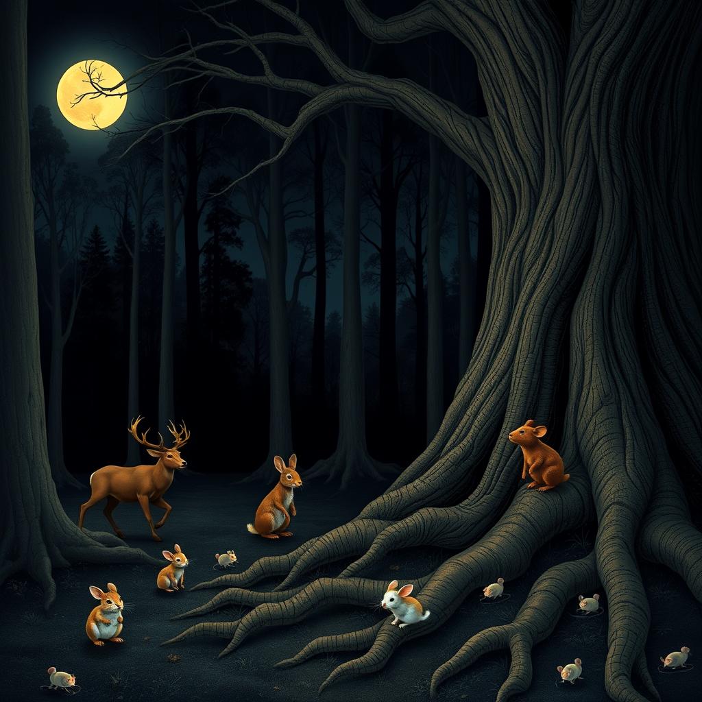In a deep, moonlit night, a serene and magical forest scene unfolds