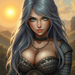 A busty, beautiful sun cleric depicted as a slender European girl with very large tender breasts, showcasing her long, soft layers of ash grey hair cascading down her shoulders
