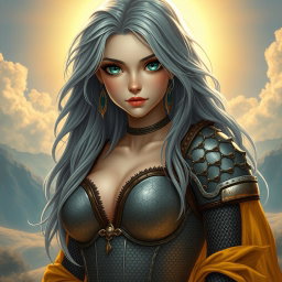A busty, beautiful sun cleric depicted as a slender European girl with very large tender breasts, showcasing her long, soft layers of ash grey hair cascading down her shoulders
