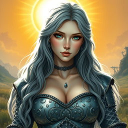 A busty, beautiful sun cleric depicted as a slender European girl with very large tender breasts, showcasing her long, soft layers of ash grey hair cascading down her shoulders