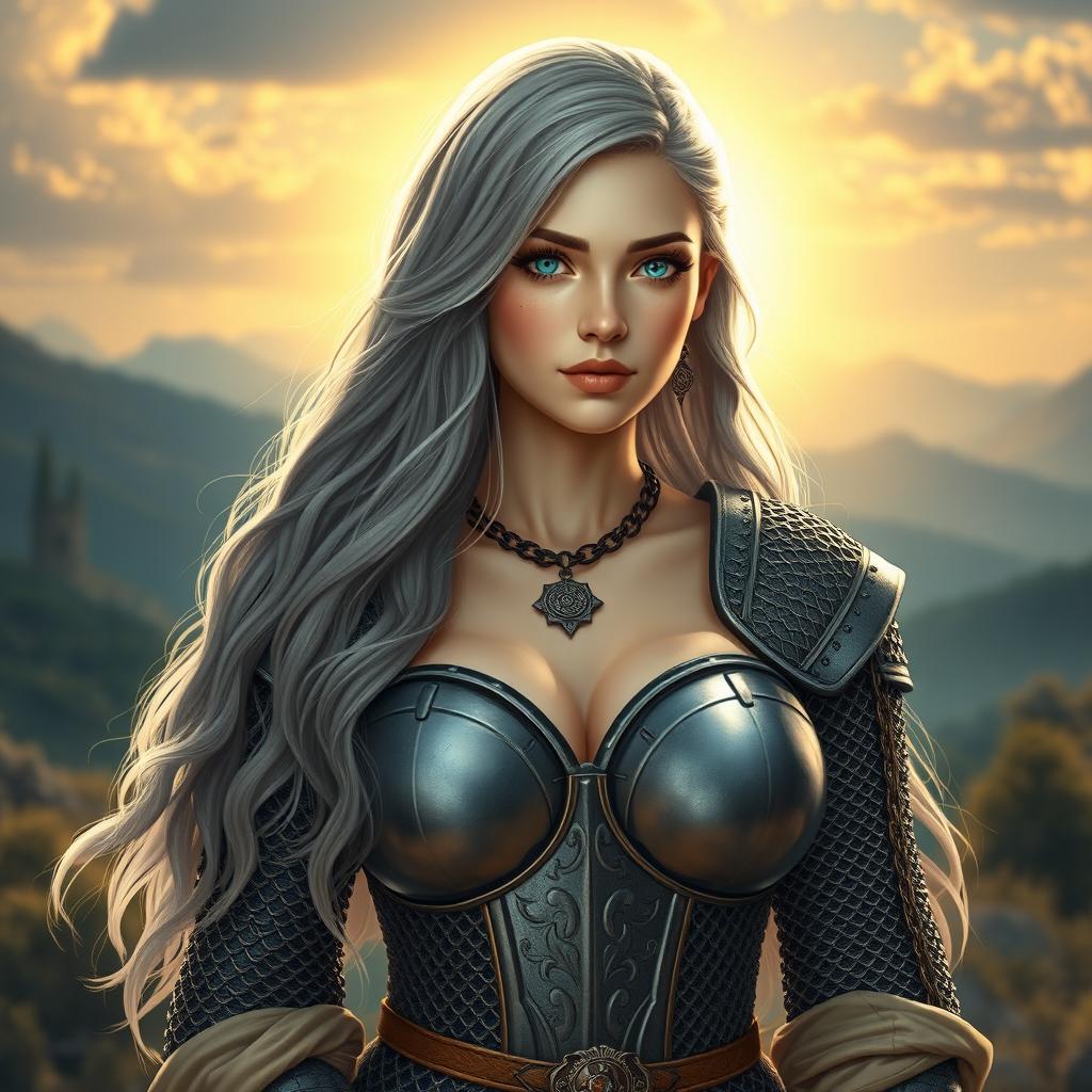 A busty, beautiful sun cleric depicted as a slender European girl with very large tender breasts, showcasing her long, soft layers of ash grey hair cascading down her shoulders