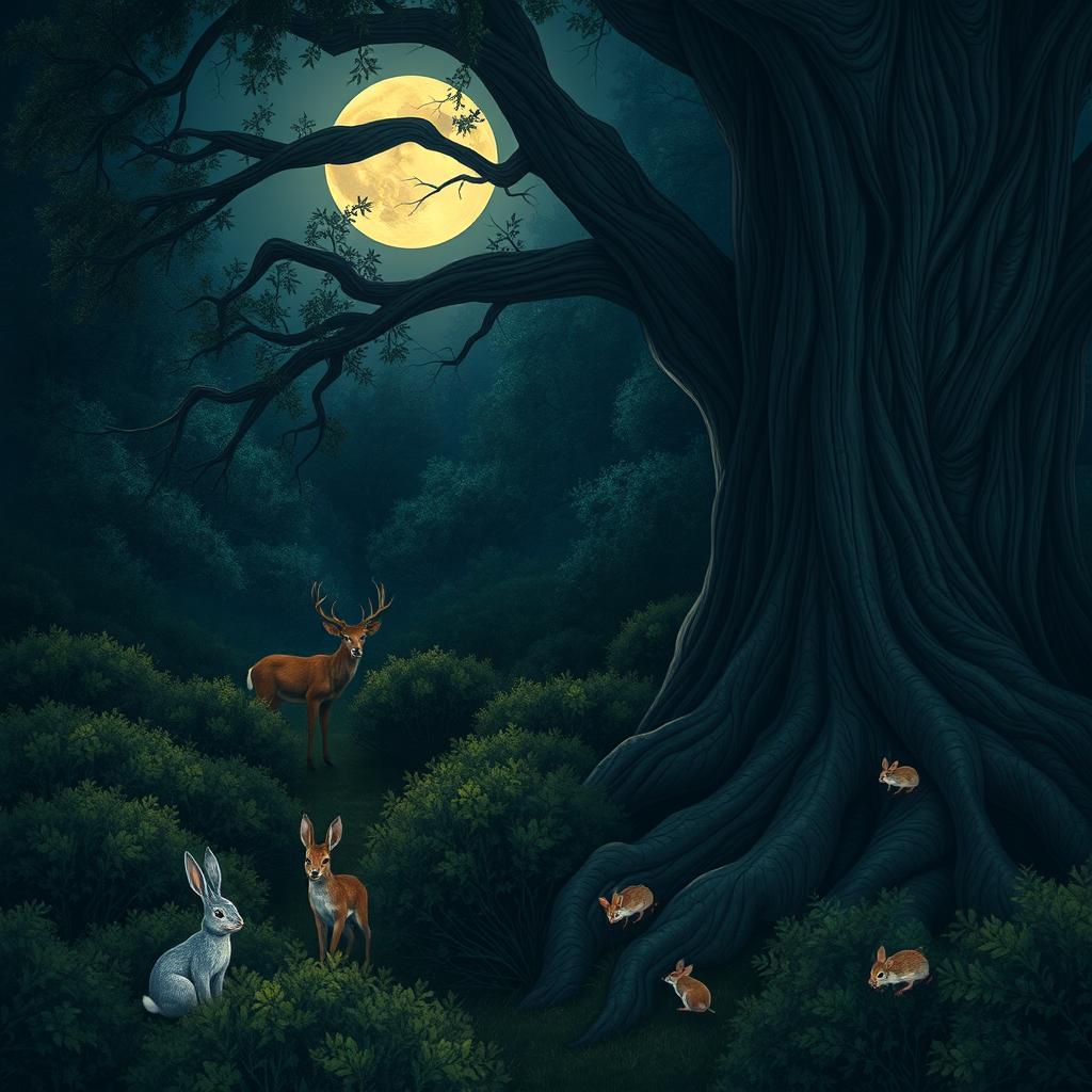 A serene night scene illuminated by the full moon shining through bushes