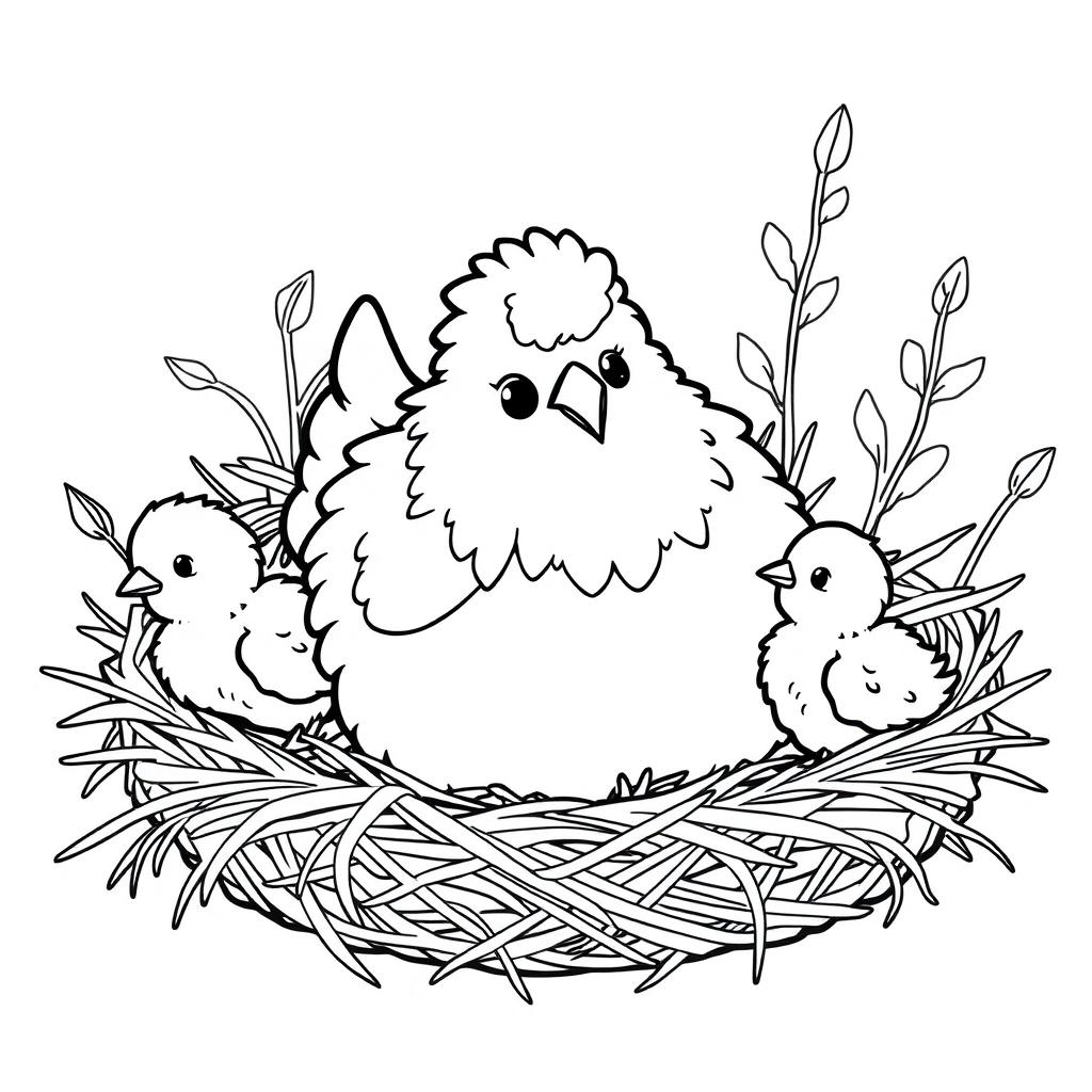 A fluffy hen sitting in a straw nest with two cute chicks around her