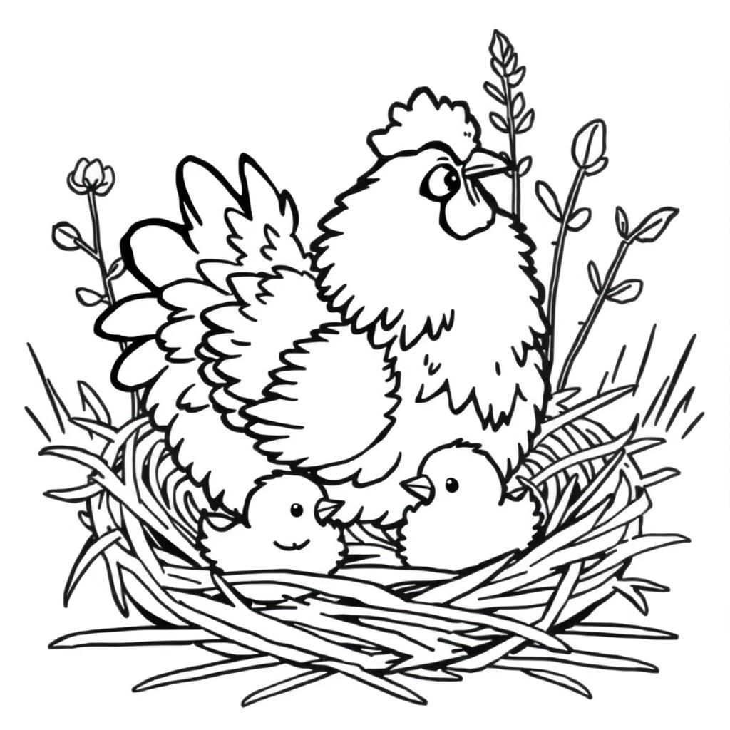 A fluffy hen sitting in a straw nest with two adorable chicks around her