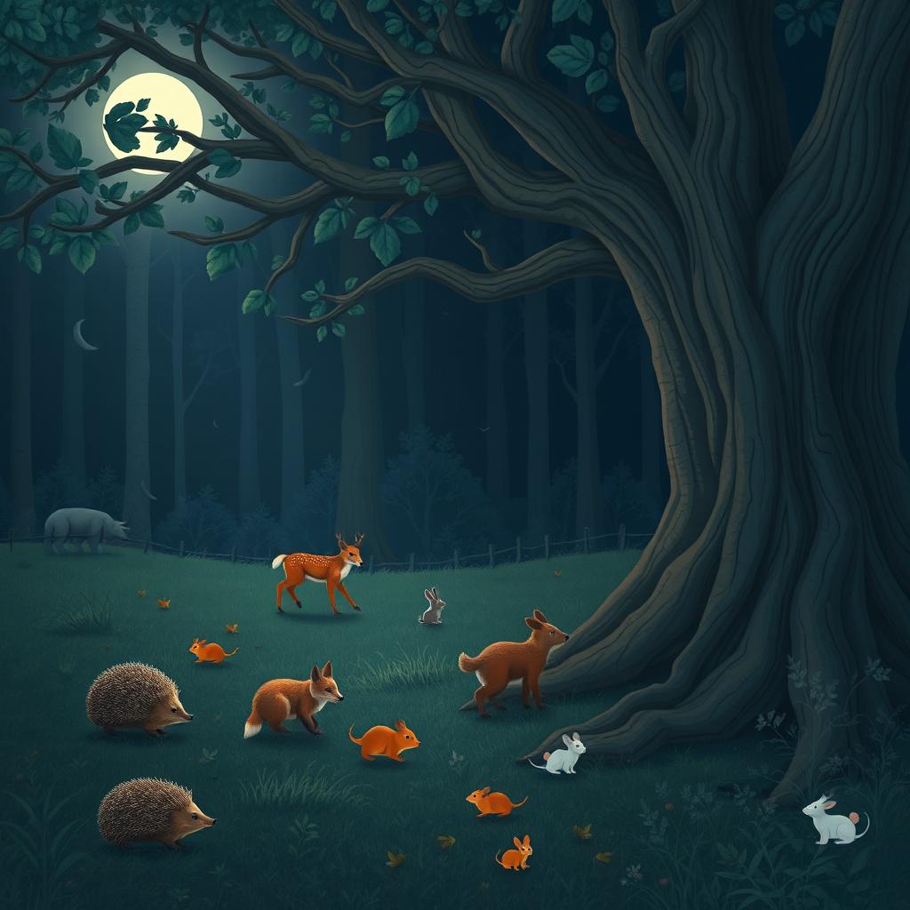 A serene nighttime forest scene coming to life, showcasing the vibrant nightlife of the woods