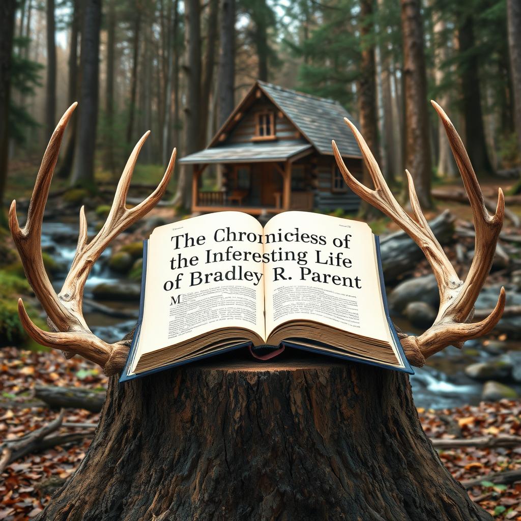 An enchanting scene featuring a charming cabin nestled within a forest, with a picturesque creek gently flowing nearby