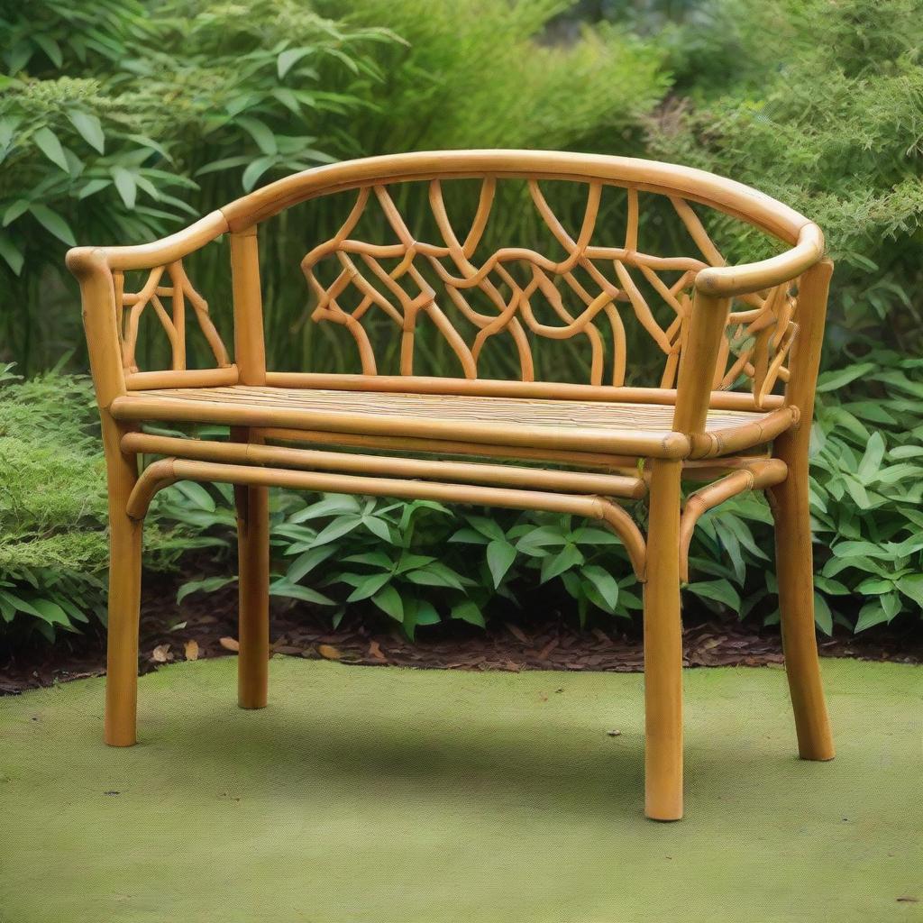 A sturdy, stylish bamboo bench with intricate patterns, placed charmingly amidst a peaceful garden setting.