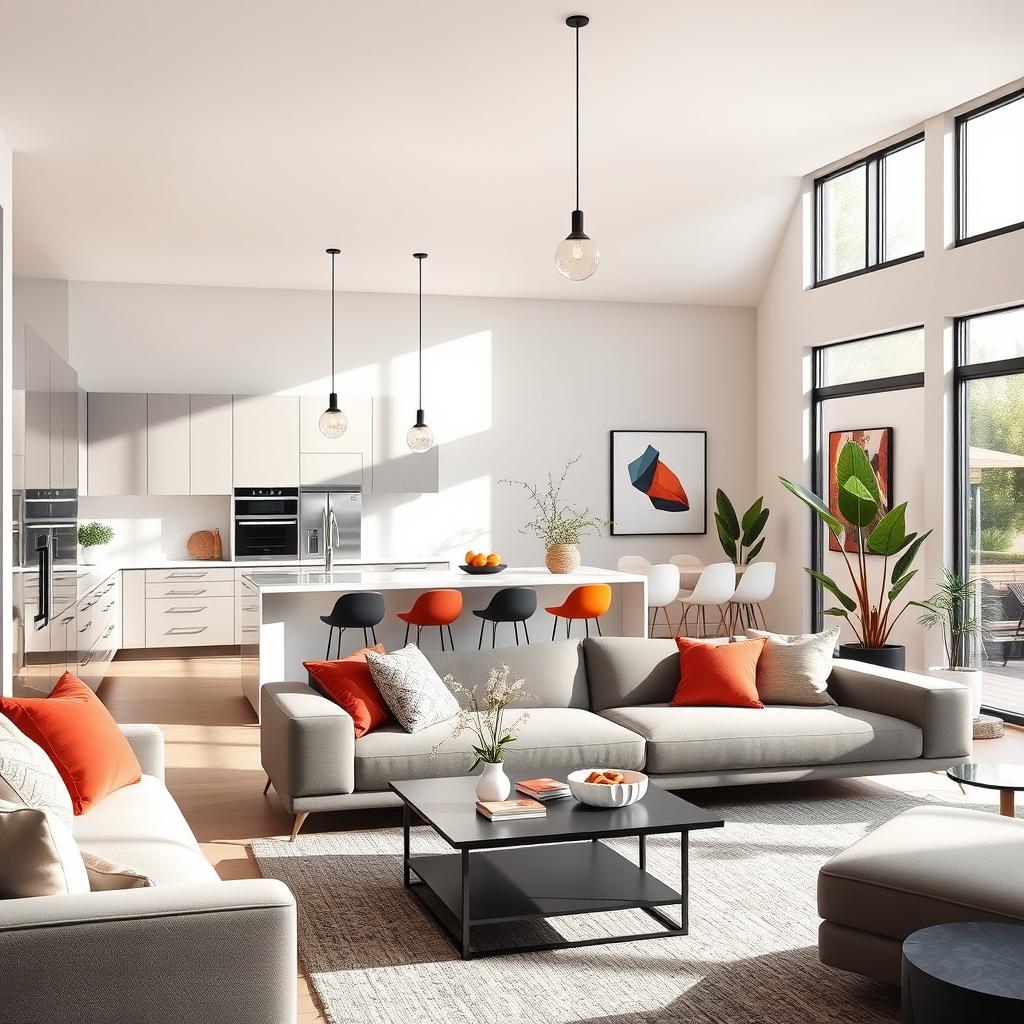 A modern interior design for a combined kitchen-living room space, showcasing clean lines and a minimalist aesthetic