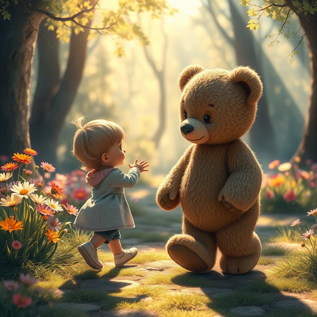A scene depicting a weary teddy bear observing a child from a distance in a whimsical and enchanting forest setting