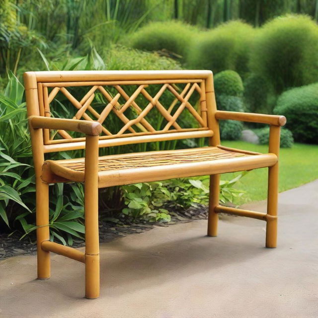 A sturdy, stylish bamboo bench with intricate patterns, placed charmingly amidst a peaceful garden setting.