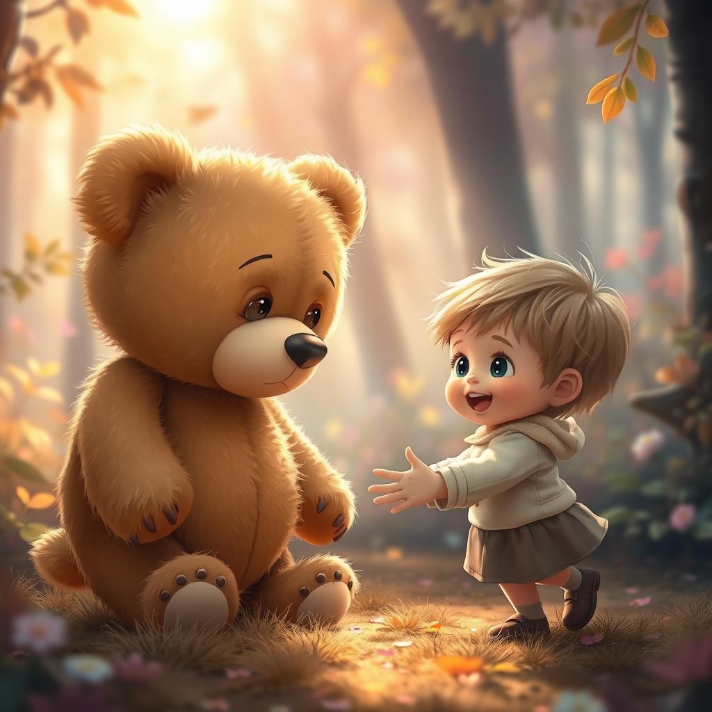 A whimsical scene depicting a teddy bear that appears tired and gentle, observing a small child with wide eyes full of wonder