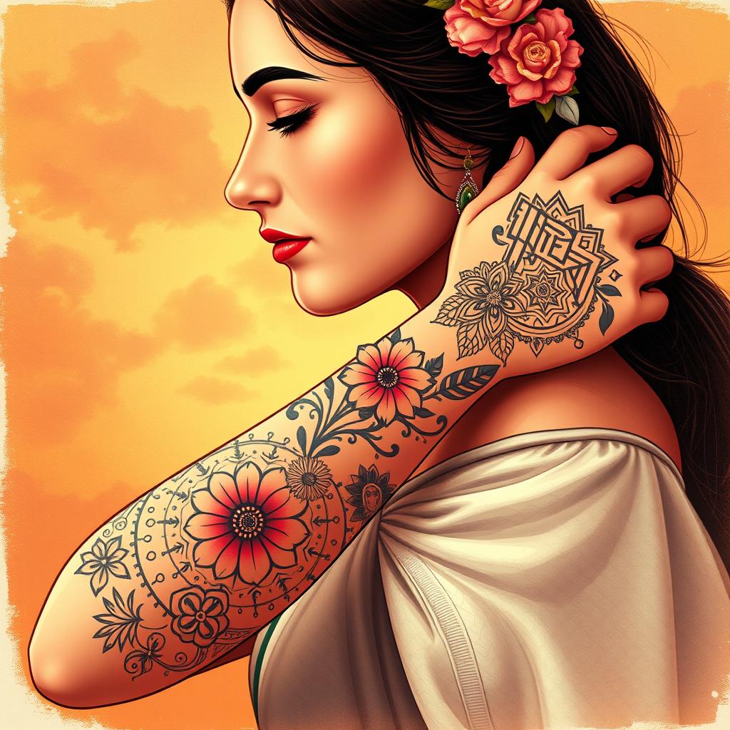 A vibrant and detailed illustration of traditional Iranian tattoos, showcasing intricate patterns and designs inspired by Persian art