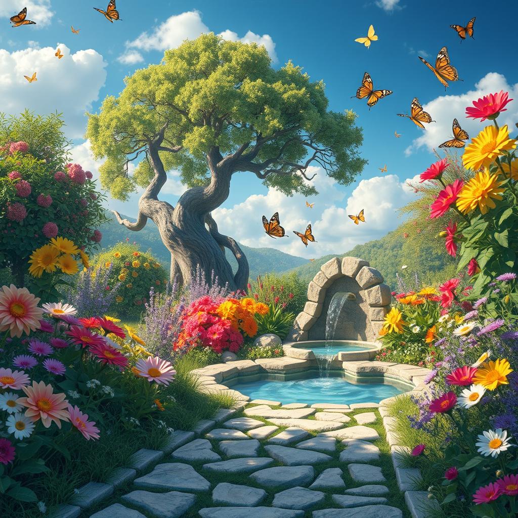 ¿Puedes generar una imagen que represente una escena mágica de un jardín encantado lleno de flores brillantes y colores vivos? Me gustaría que hubiera un camino de piedra que condujera a una pequeña fuente con agua cristalina, rodeada de mariposas volando