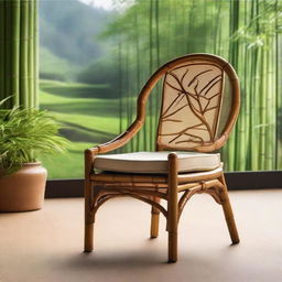 An eye-catching bamboo chair with ornate designs, set against a backdrop of a tranquil natural landscape.