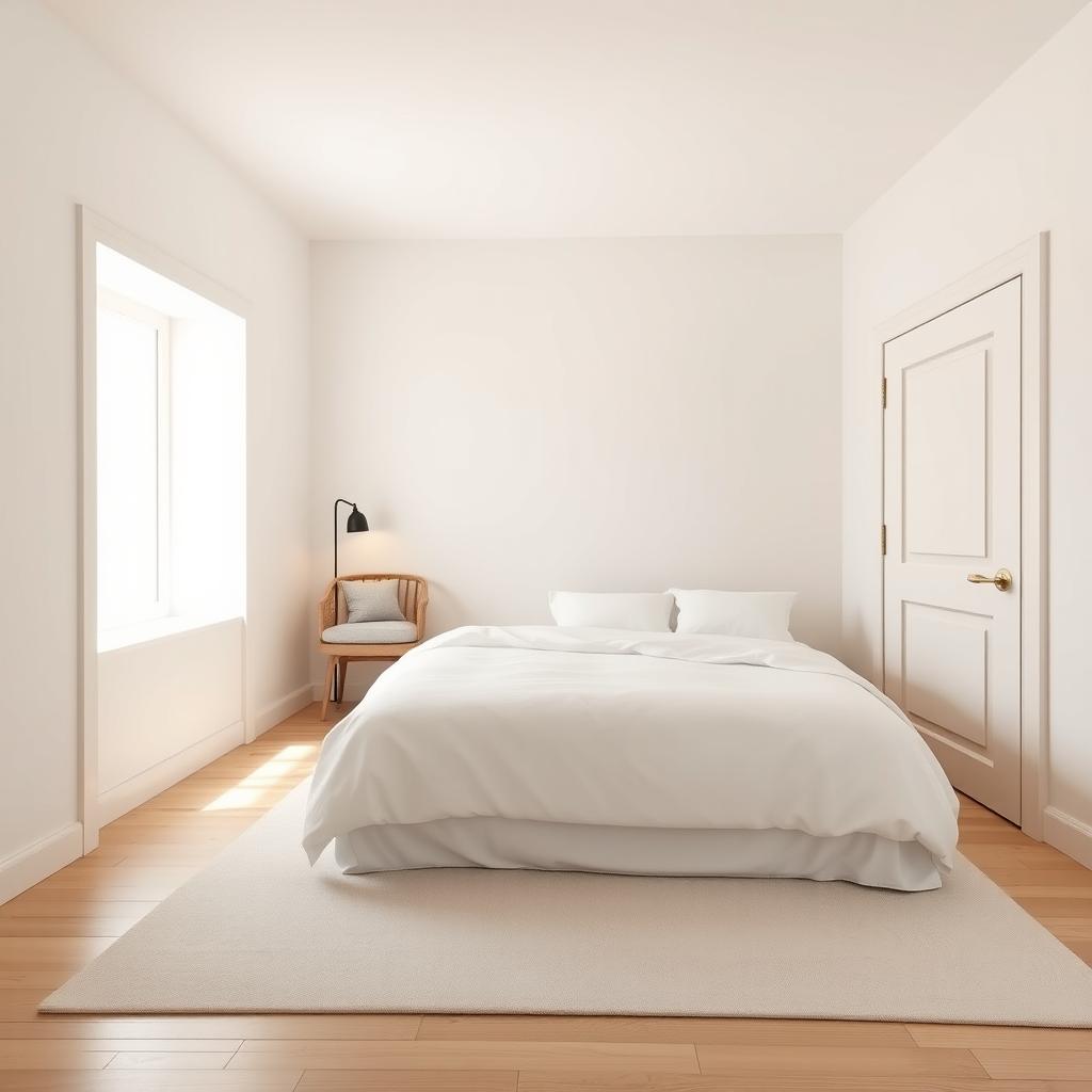 Diseño minimalista de una habitación con una sola cama y una puerta