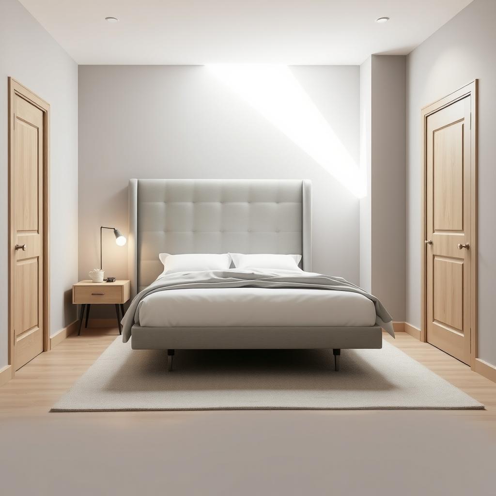 Diseño minimalista de una habitación con una sola cama y una puerta