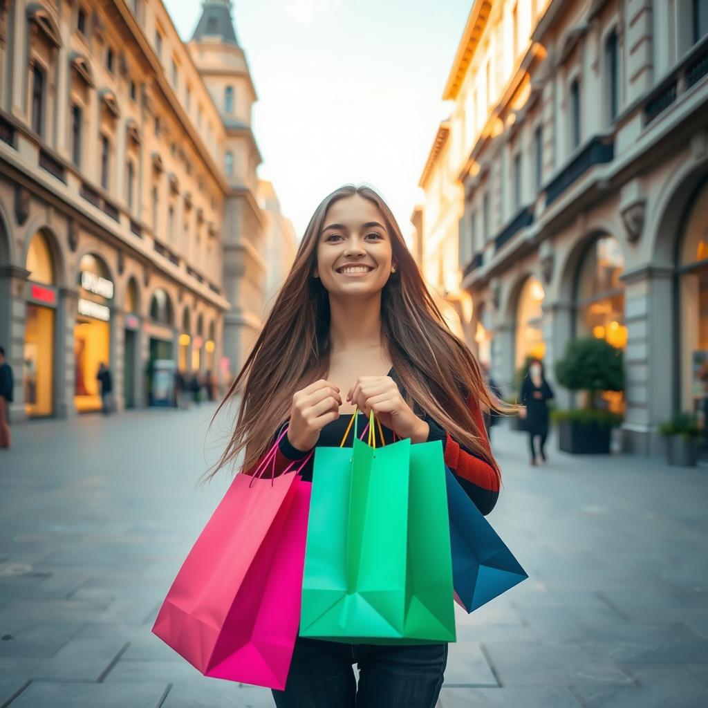 A beautiful scene of a girl with colorful shopping bags standing alone in a vibrant city plaza, surrounded by stunning architecture