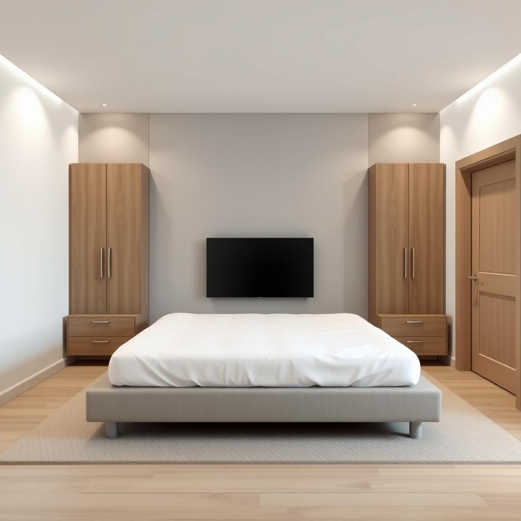 Diseño de una habitación minimalista con una sola cama de tamaño queen, situada contra una pared, con un cabecero alto tapizado en suave color gris claro