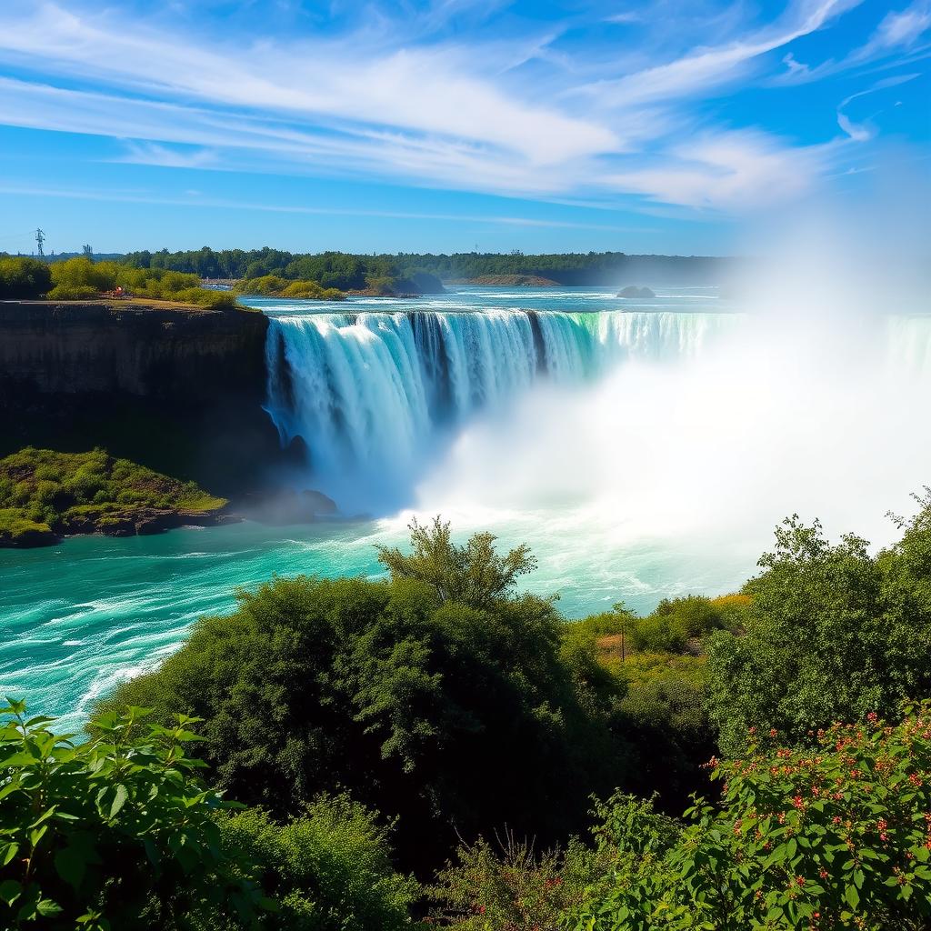 A stunning view of Niagara Falls with roaring waterfalls cascading down, surrounded by lush greenery and blue skies