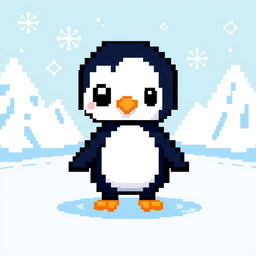 A cute, stylized pixel art representation of a penguin, featuring a black and white body, orange beak, and feet