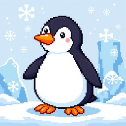 A cute, stylized pixel art representation of a penguin, featuring a black and white body, orange beak, and feet