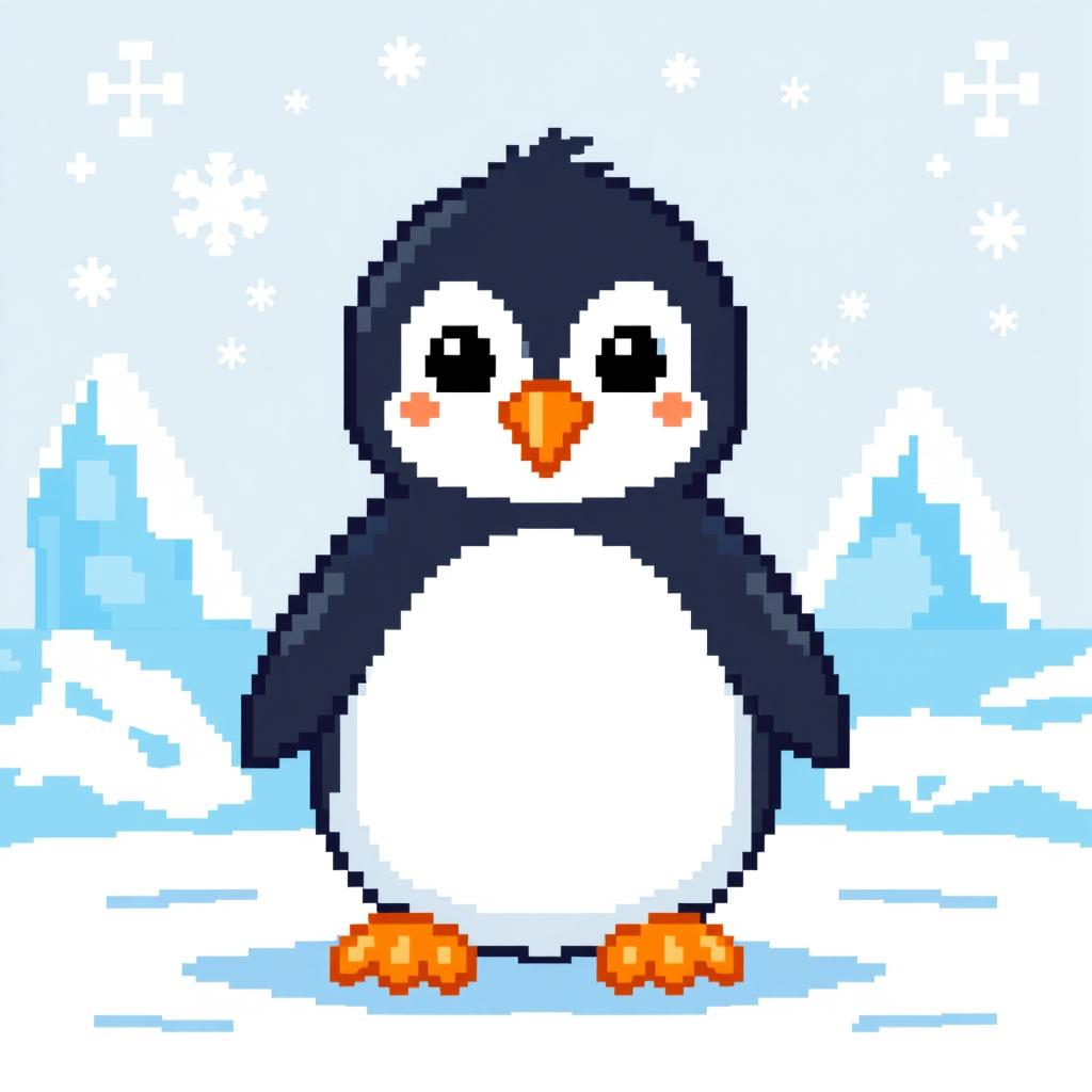 A cute, stylized pixel art representation of a penguin, featuring a black and white body, orange beak, and feet