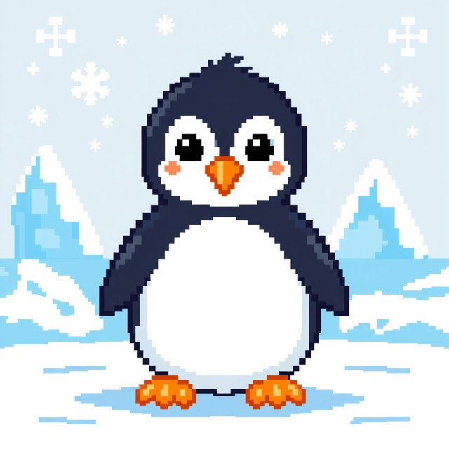 A cute, stylized pixel art representation of a penguin, featuring a black and white body, orange beak, and feet