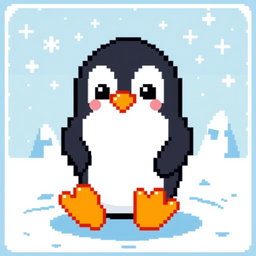 A cute, stylized pixel art representation of a penguin, featuring a black and white body, orange beak, and feet