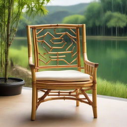 An eye-catching bamboo chair with ornate designs, set against a backdrop of a tranquil natural landscape.