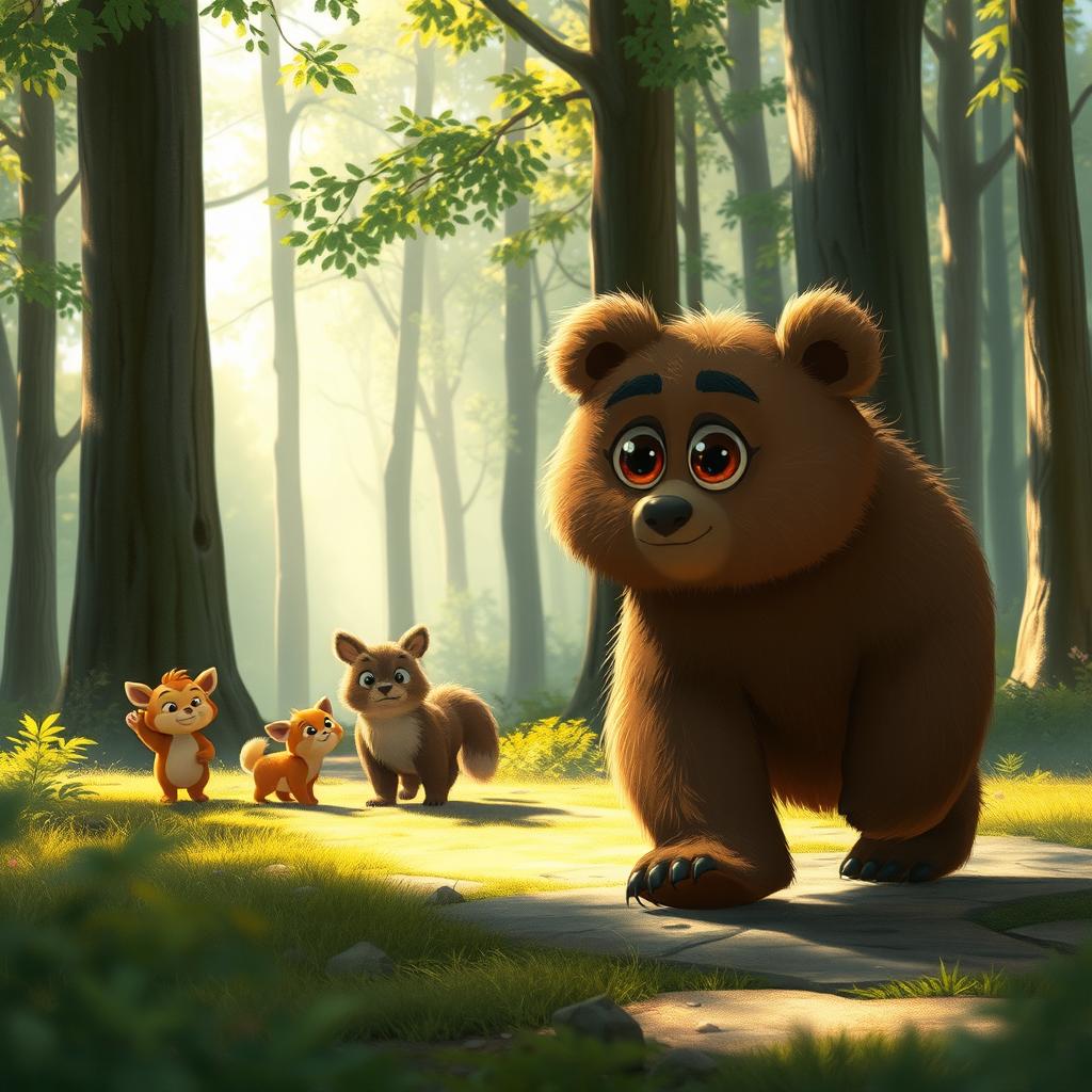A curious bear, known as Orsachiotto, walks at a distance, observing a group of animals in a serene forest setting