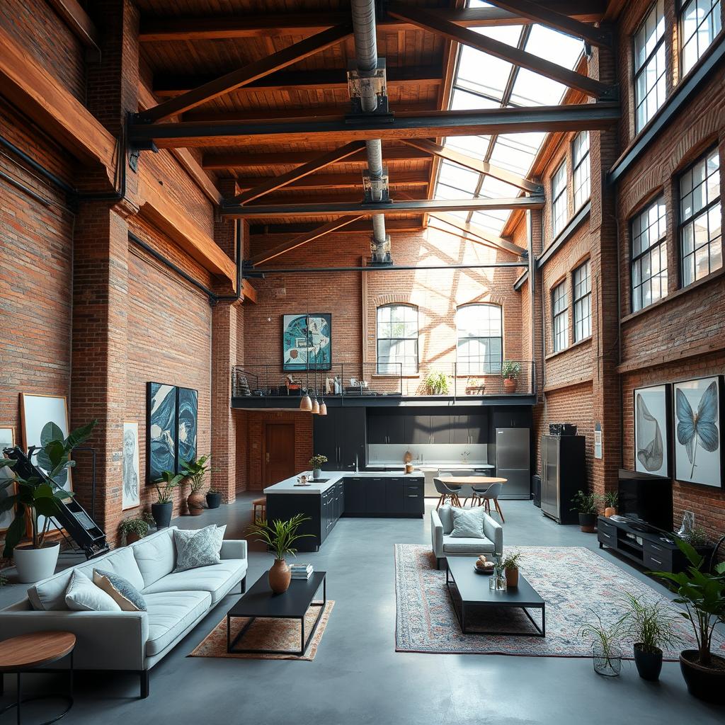 A converted warehouse transformed into a stylish and modern apartment featuring large open spaces