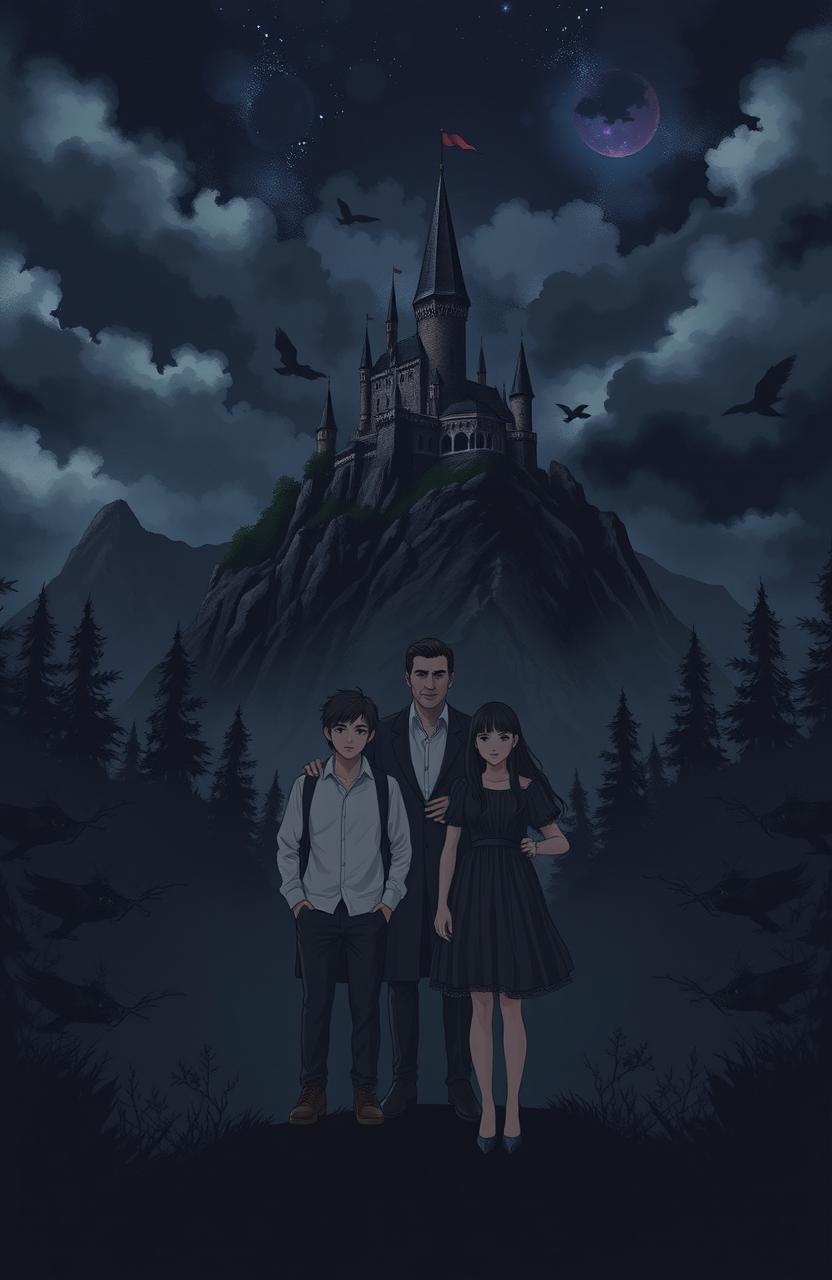 A castle perched on a rocky mountain in the distance, set against a dramatic nighttime sky filled with deep shadows