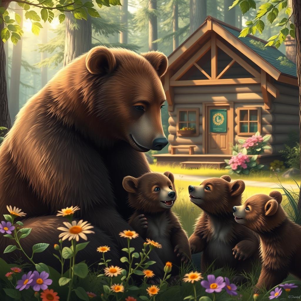 A serene forest scene depicting a warm and loving moment between a mother bear and her cub
