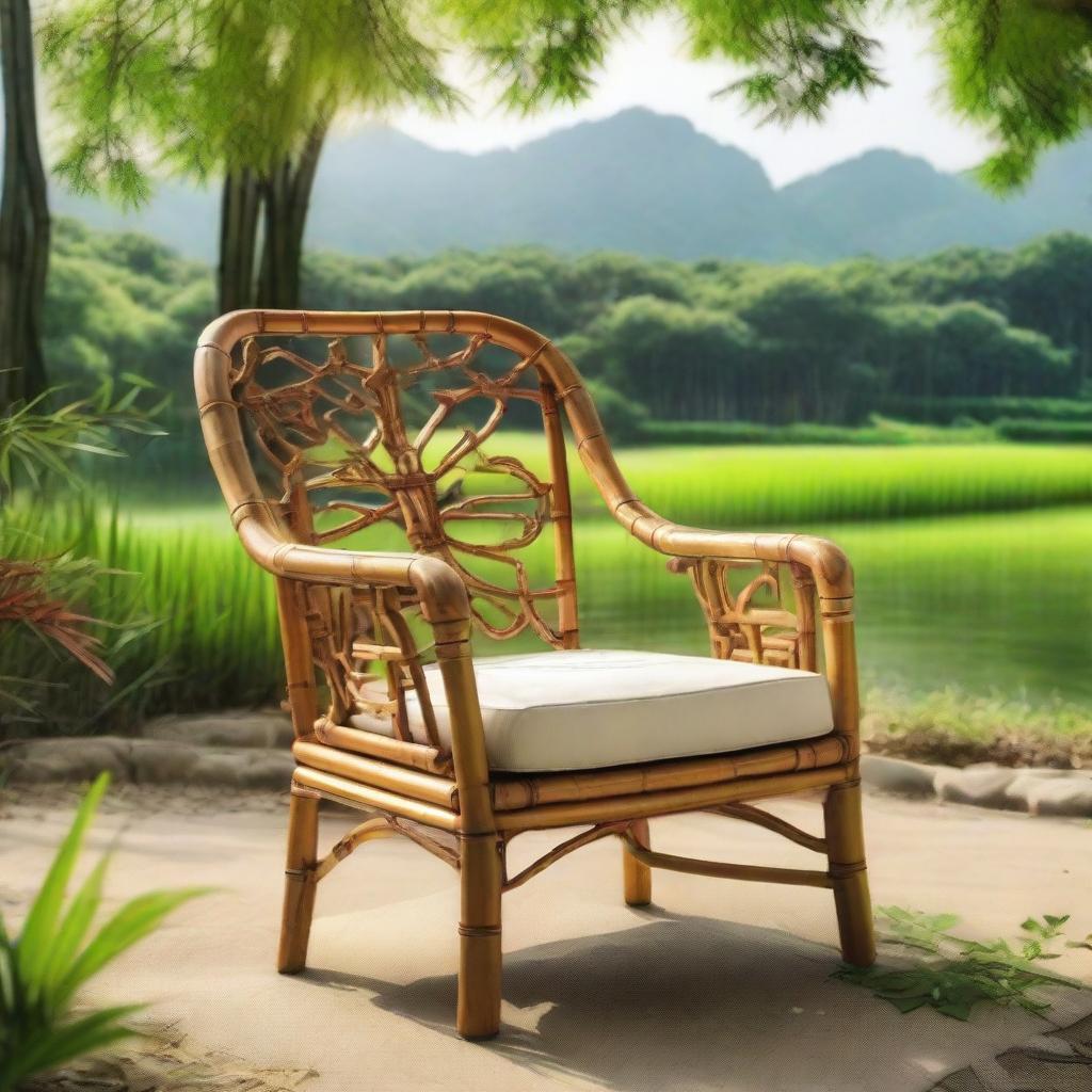 An eye-catching bamboo chair with ornate designs, set against a backdrop of a tranquil natural landscape.