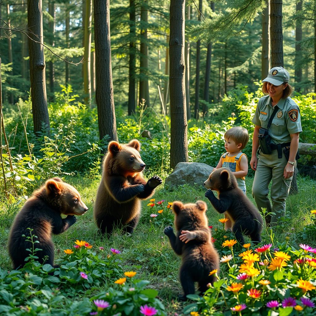 A heartwarming scene in a lush, vibrant forest showcasing a small bear and its playful cubs exploring their new surroundings